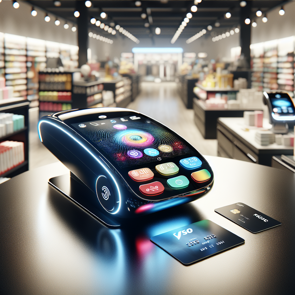 A modern Paywave terminal on a checkout counter with products around it.