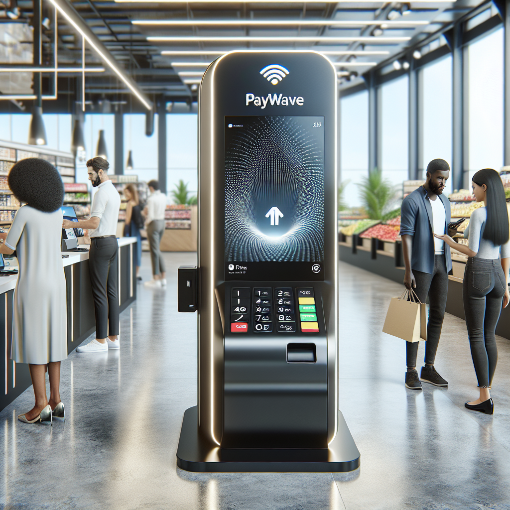A modern Paywave terminal in a busy retail store with customers using it.