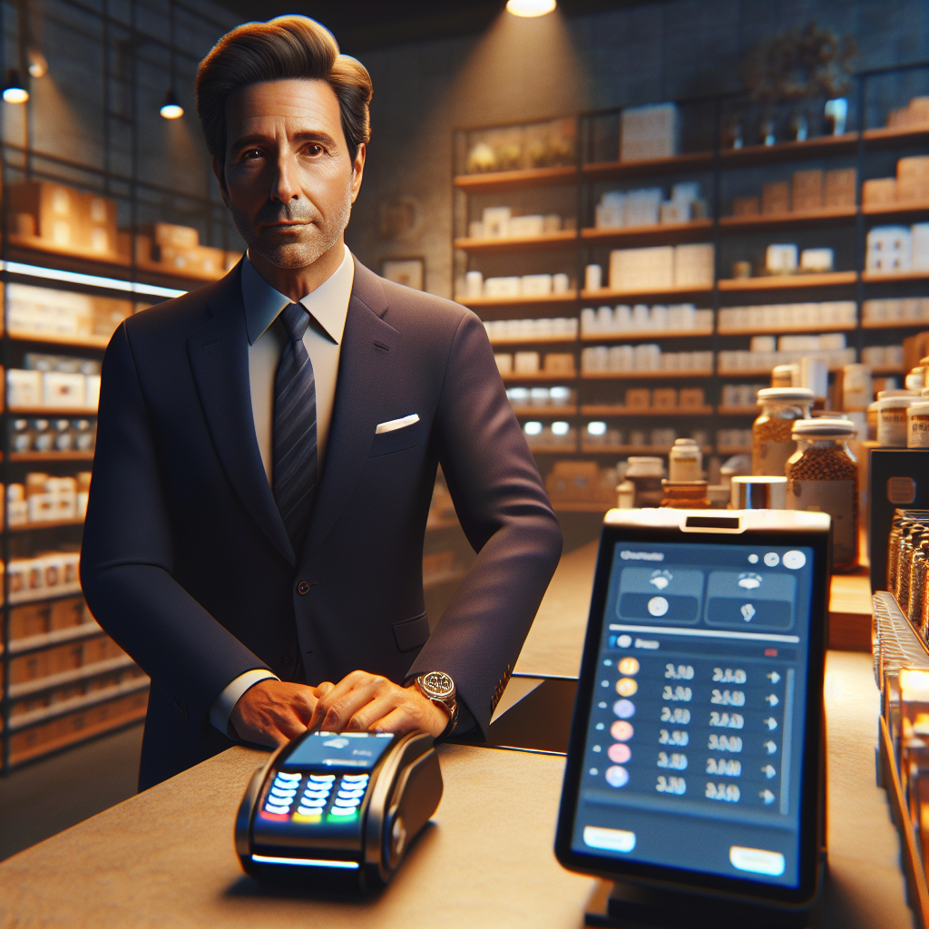 A businessman at a counter with a point-of-sale terminal in a merchant setting.