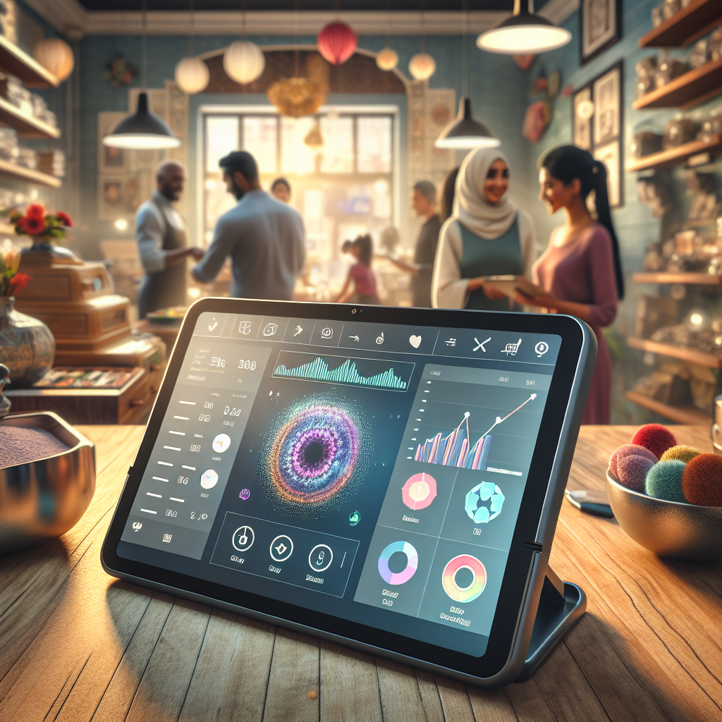A modern POS software interface on a tablet in a retail setting.