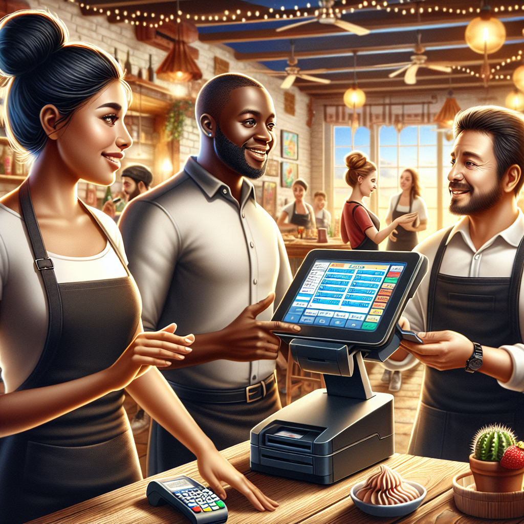 A busy restaurant scene showing diverse staff engaged in POS jobs.
