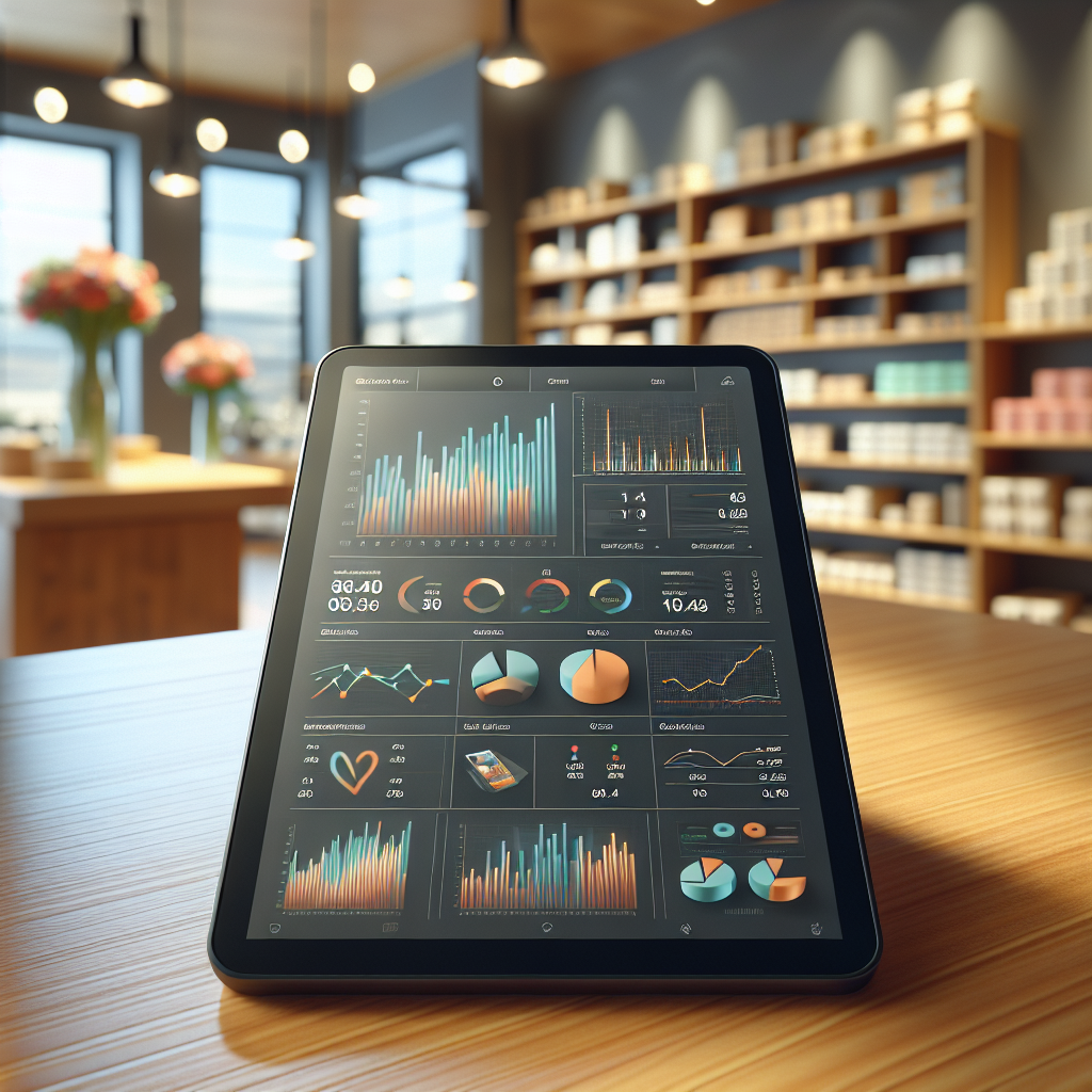 A modern POS software interface on a tablet showing colorful graphs and charts in a retail setting.