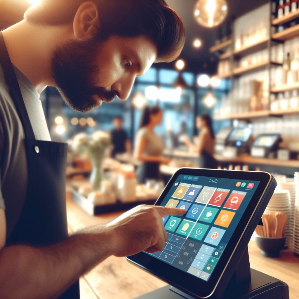 A restaurant employee at a POS system processing a transaction in a busy restaurant.