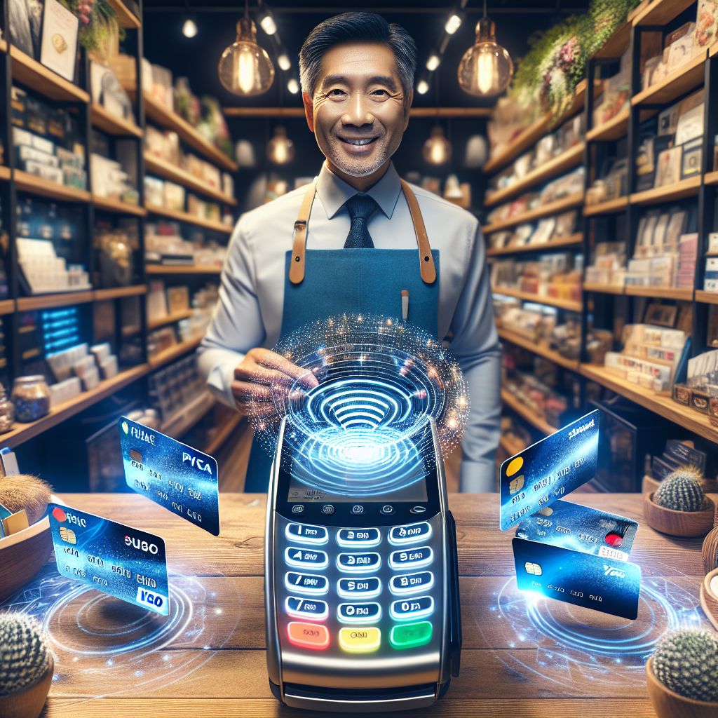 A busy merchant space with a South Asian man assisting a customer, showcasing modern payment systems.