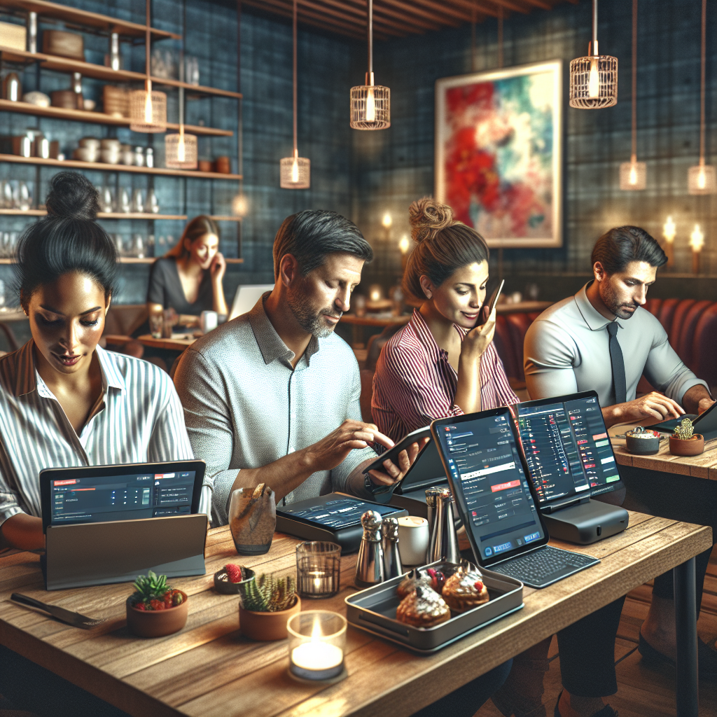 A modern restaurant interior with staff working on an open source POS system.