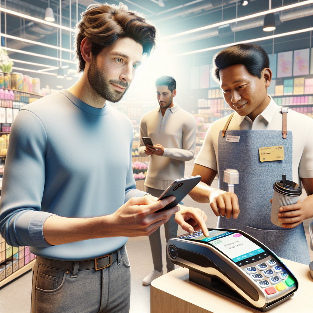 A contactless payment transaction in a retail store with a customer and a cashier.