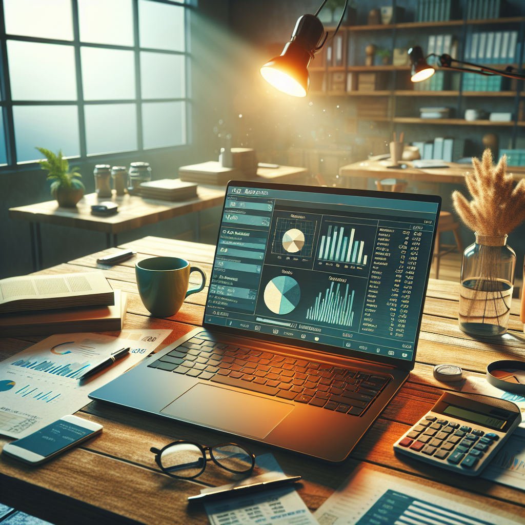 A business workspace with a laptop displaying a financial report, a calculator, and coffee cup.