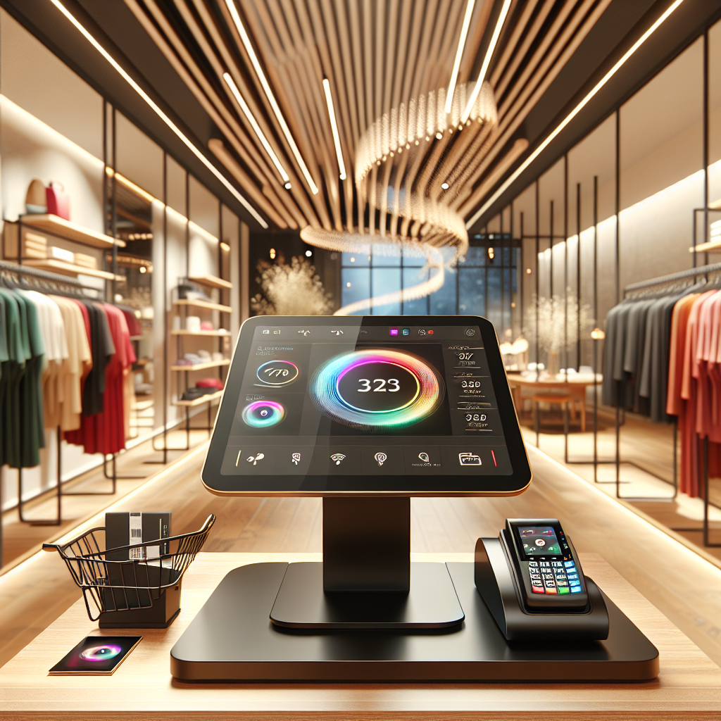 A modern retail space with a sleek POS system, showcasing a vibrant shopping environment.