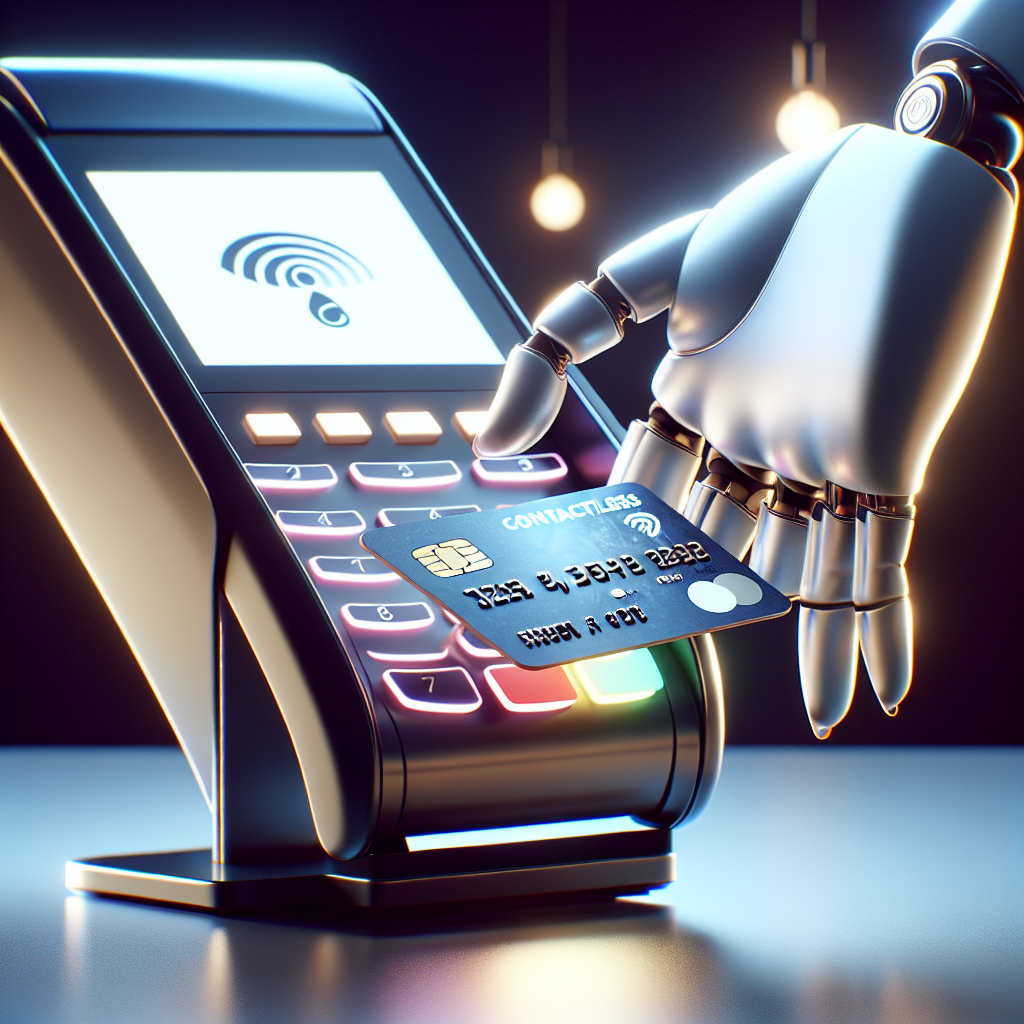 A hand holding a Visa PayWave card near a modern point-of-sale terminal.