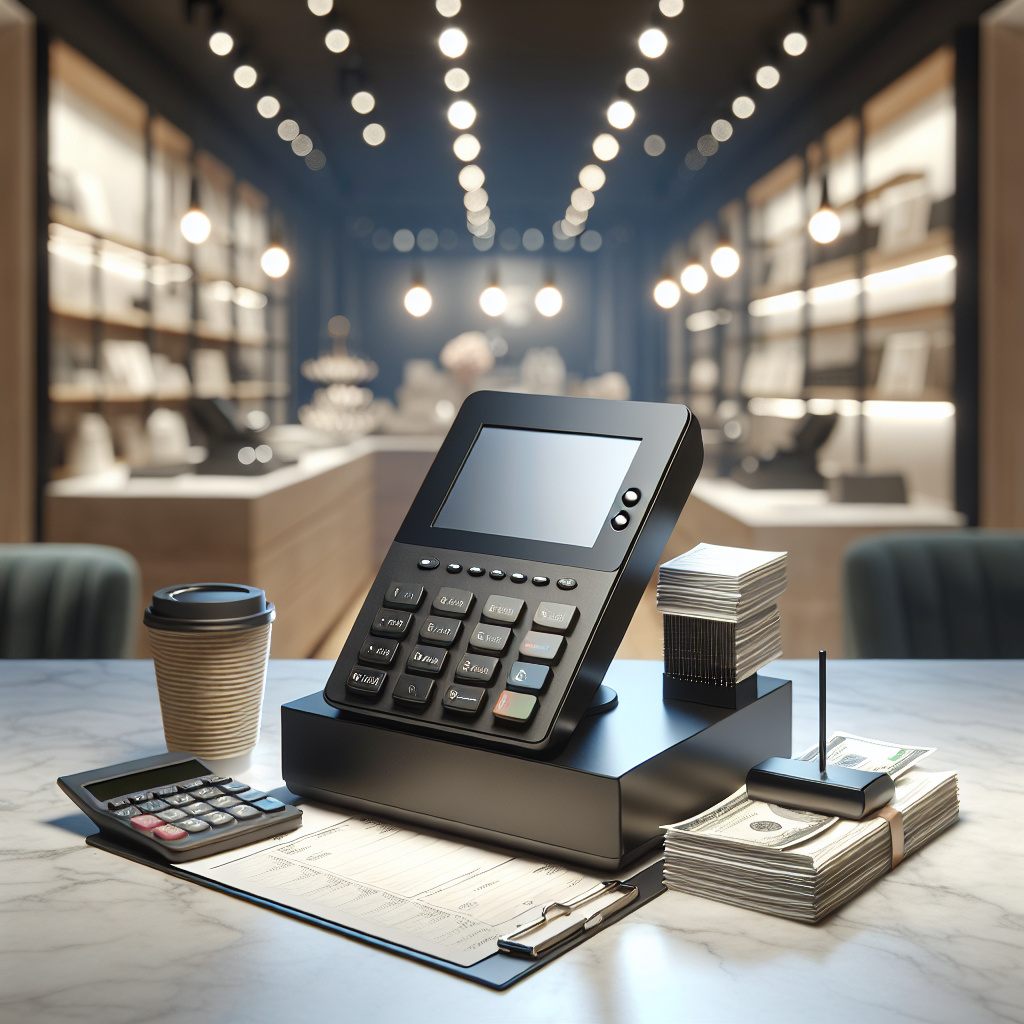 A POS terminal on a countertop with financial documents and a calculator in a retail store setting.