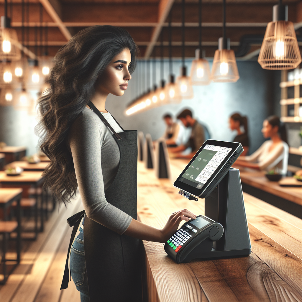 A modern restaurant interior with a staff member using an open source POS system.