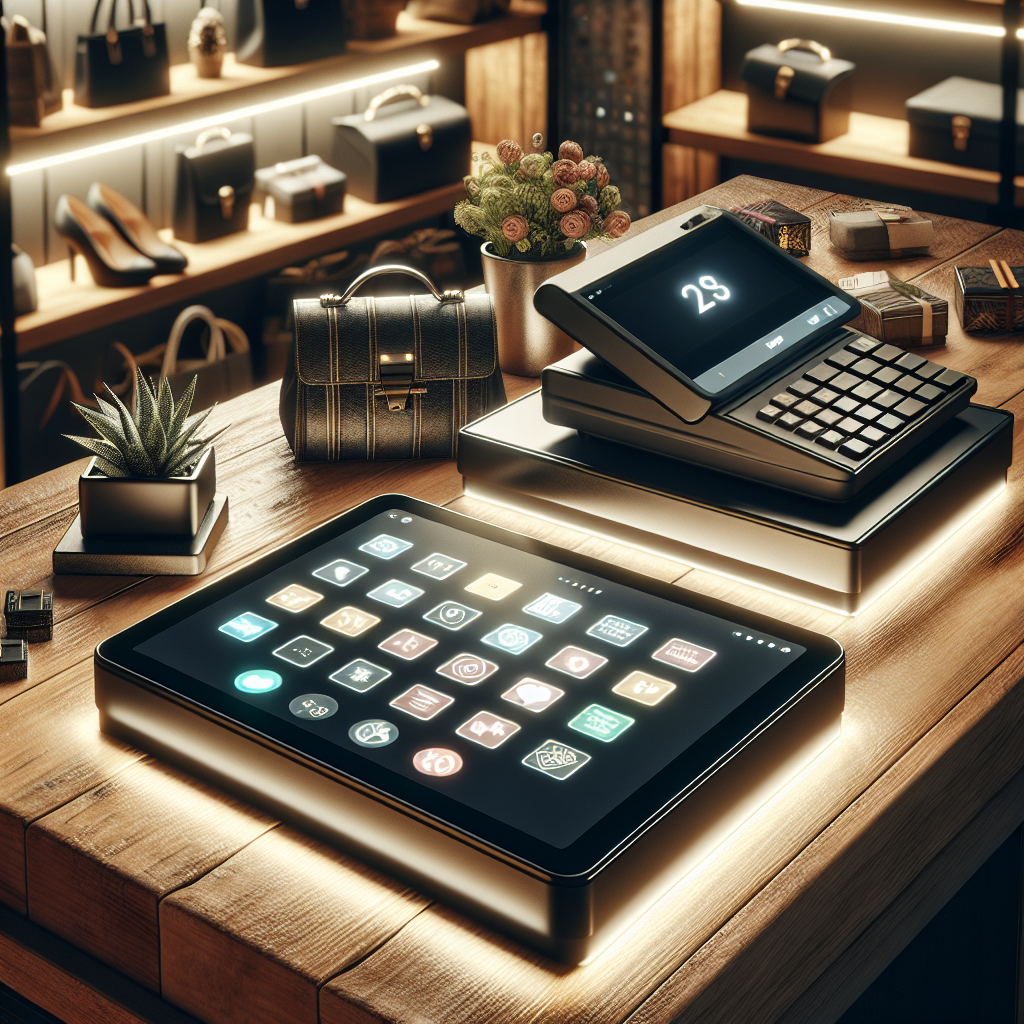 A modern POS system setup with a touchscreen tablet and cash register on a counter.