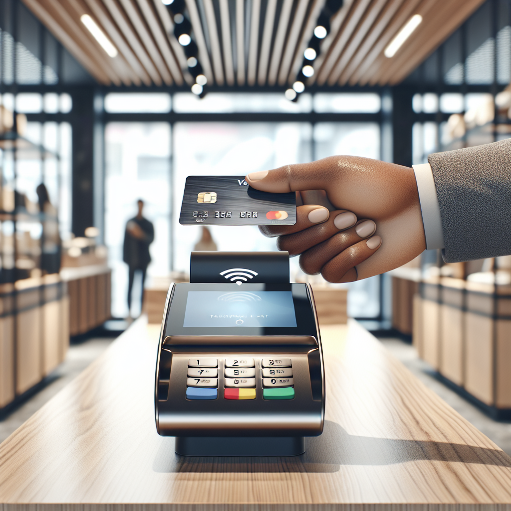 A hand performing a contactless payment with a Visa card at a modern checkout.