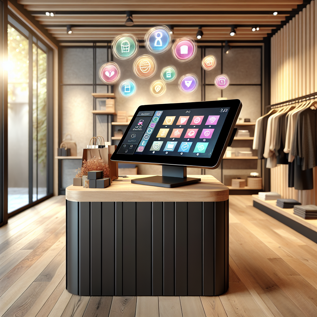 A modern Point of Sale system in a retail store with vibrant products and a warm atmosphere.