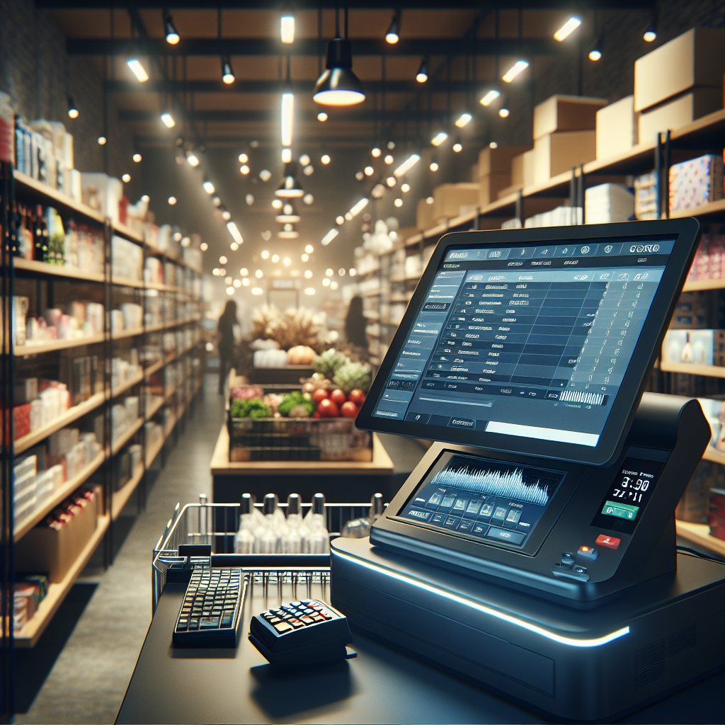 A cashier counter featuring a high-tech POS system display with shelves of products in a retail environment.