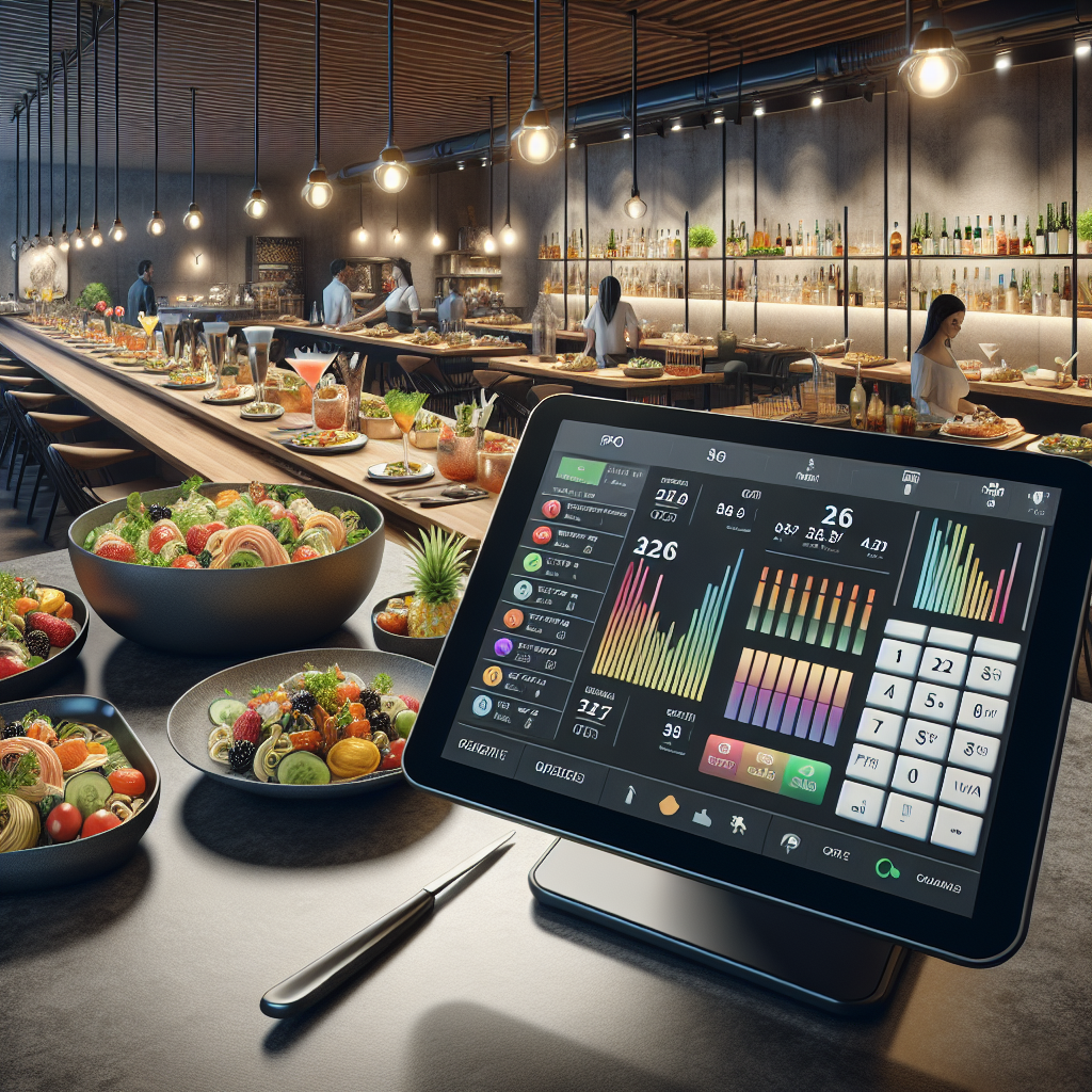 A modern restaurant with an open source POS system and diners enjoying their meals.