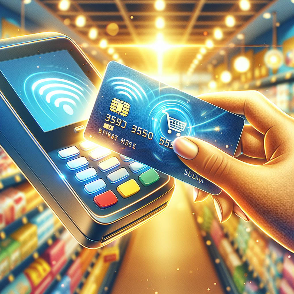 A Visa PayWave card being tapped on a point-of-sale terminal in a retail setting.