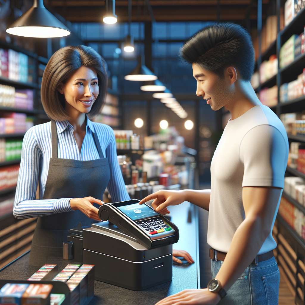 A cashier assisting a customer with a Paywave payment in a busy retail environment.