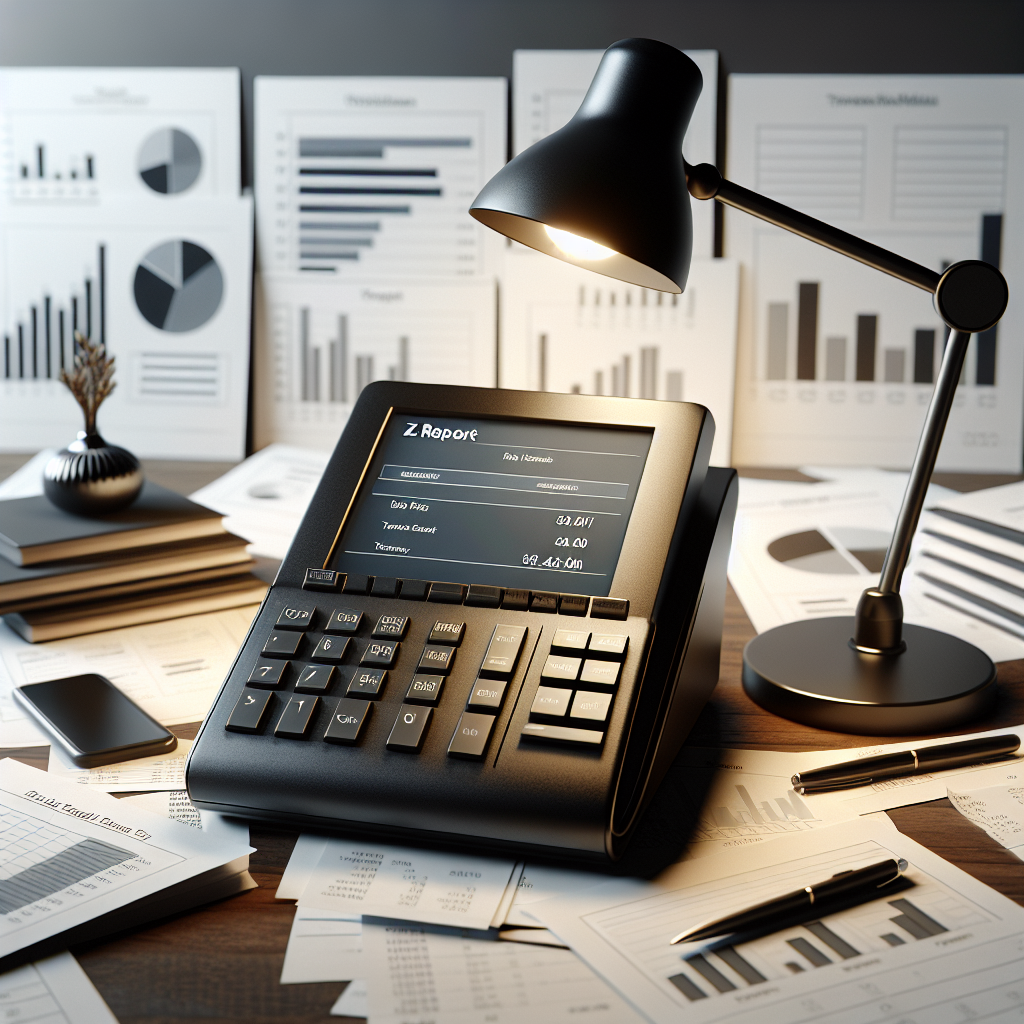 A financial office desk with a modern POS terminal showing a report, scattered papers with graphs, and warm light ambiance.