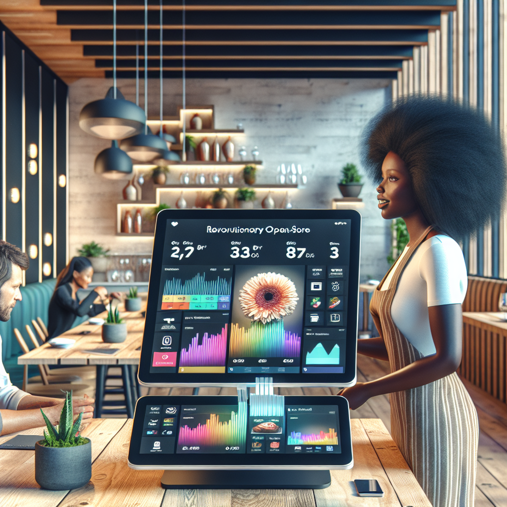 A modern restaurant interior with staff using an open-source POS system.