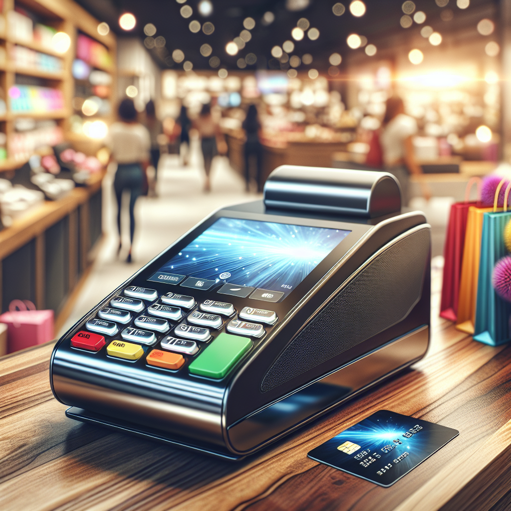 A close-up view of a modern point-of-sale terminal in a retail setting, with a card being tapped and blurred shoppers in the background.