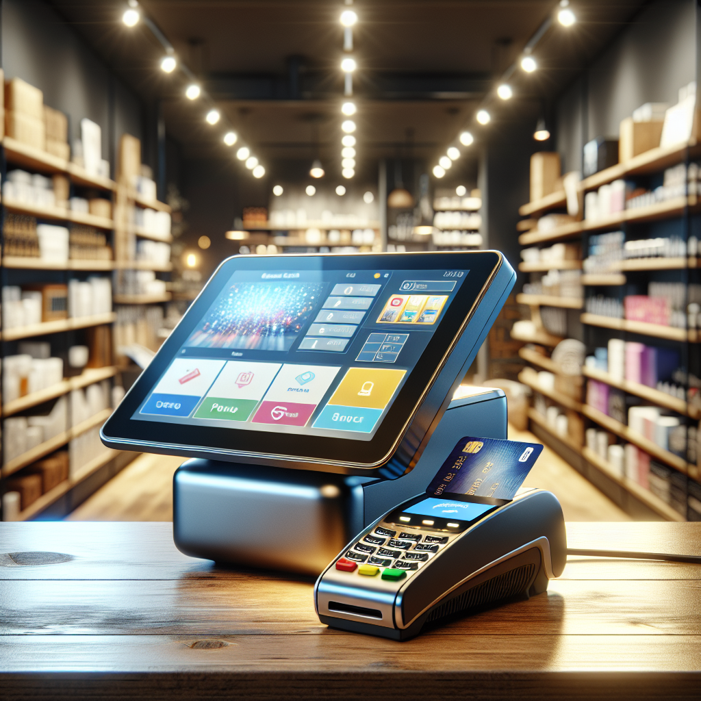 A modern POS system at a retail checkout with a payment card being used and a warm store environment.