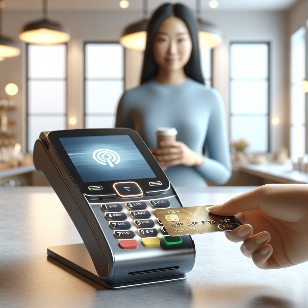 A modern Nets Payment Terminal in a retail setting, depicting contactless payment.