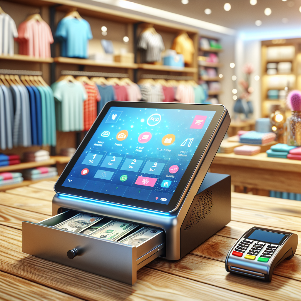 A modern Point of Sale system set in a vibrant retail environment.