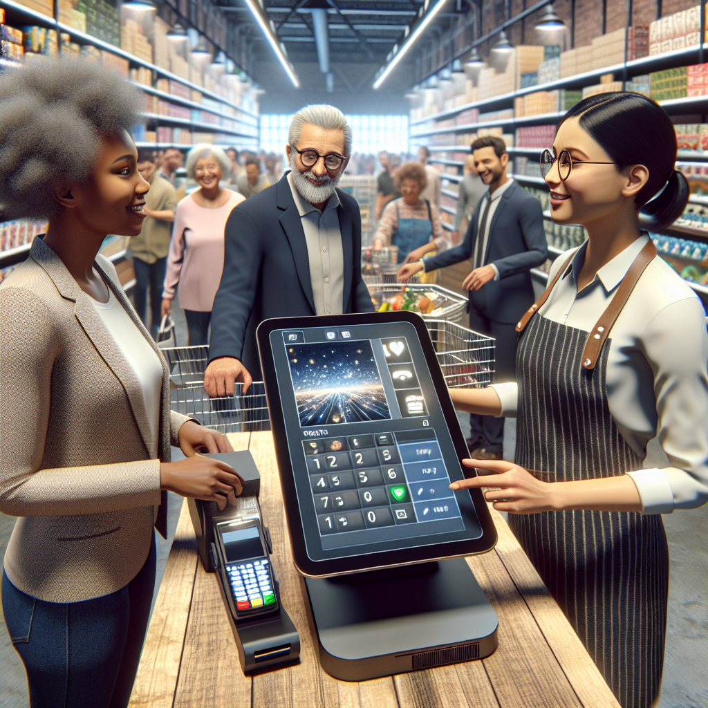A busy retail POS system in use with a diverse group of customers and staff.