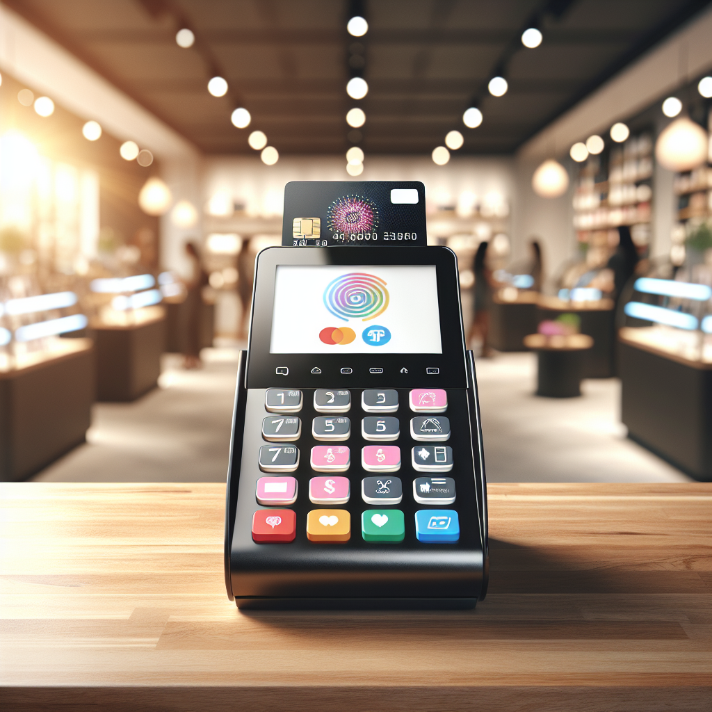 A modern payment terminal on a wooden countertop in a retail environment.