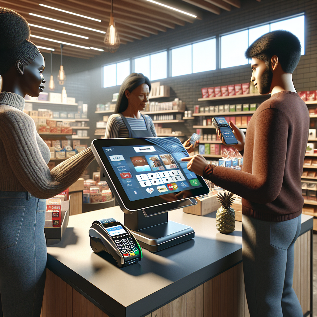 A busy point of sale transaction in a modern retail environment with customers and a high-tech POS terminal.