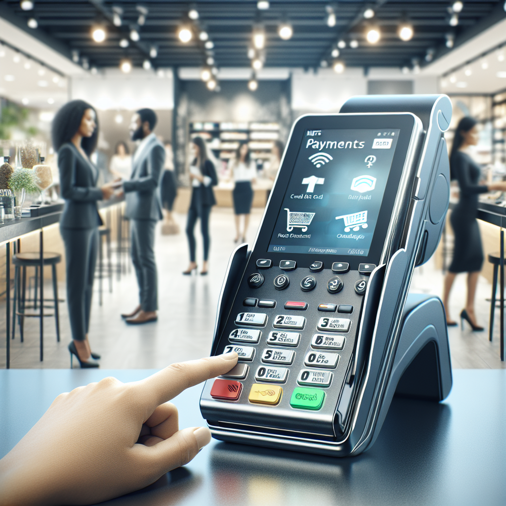 A modern Nets Payment Terminal in a retail setting with various payment options displayed.