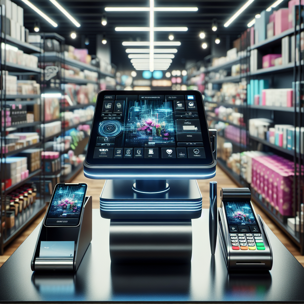 A modern Point of Sale system in a vibrant retail setting.