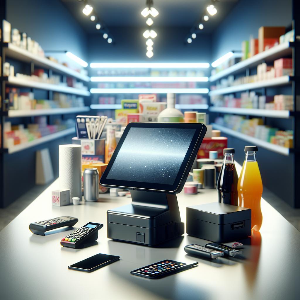 A modern point of sale system in a retail setting with products on display.