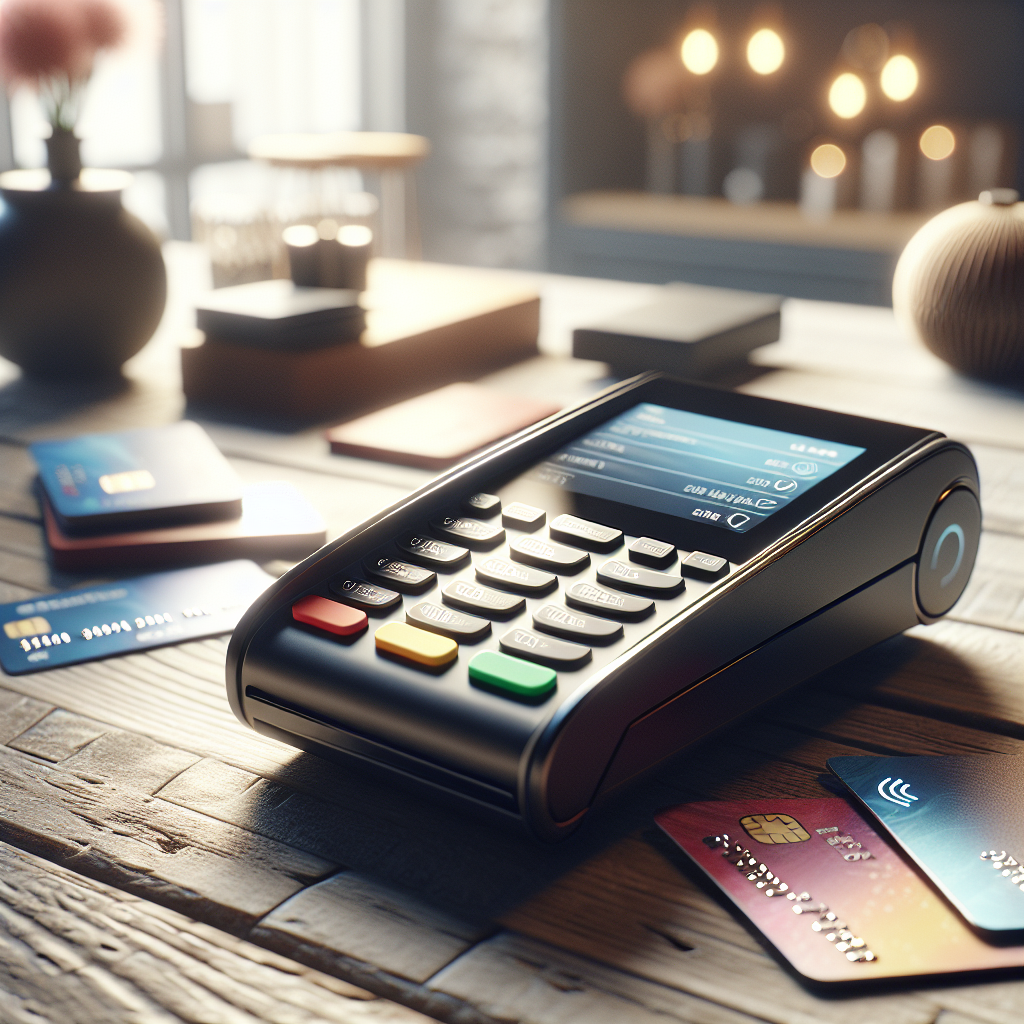 A modern Nets Payment Terminal on a wooden counter with payment cards and mobile payment options.