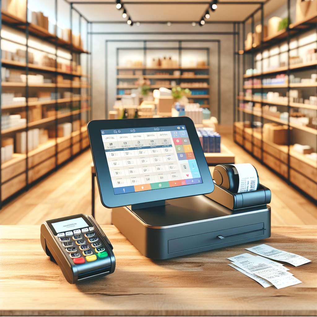 A modern POS system setup on a wooden countertop in a retail environment.