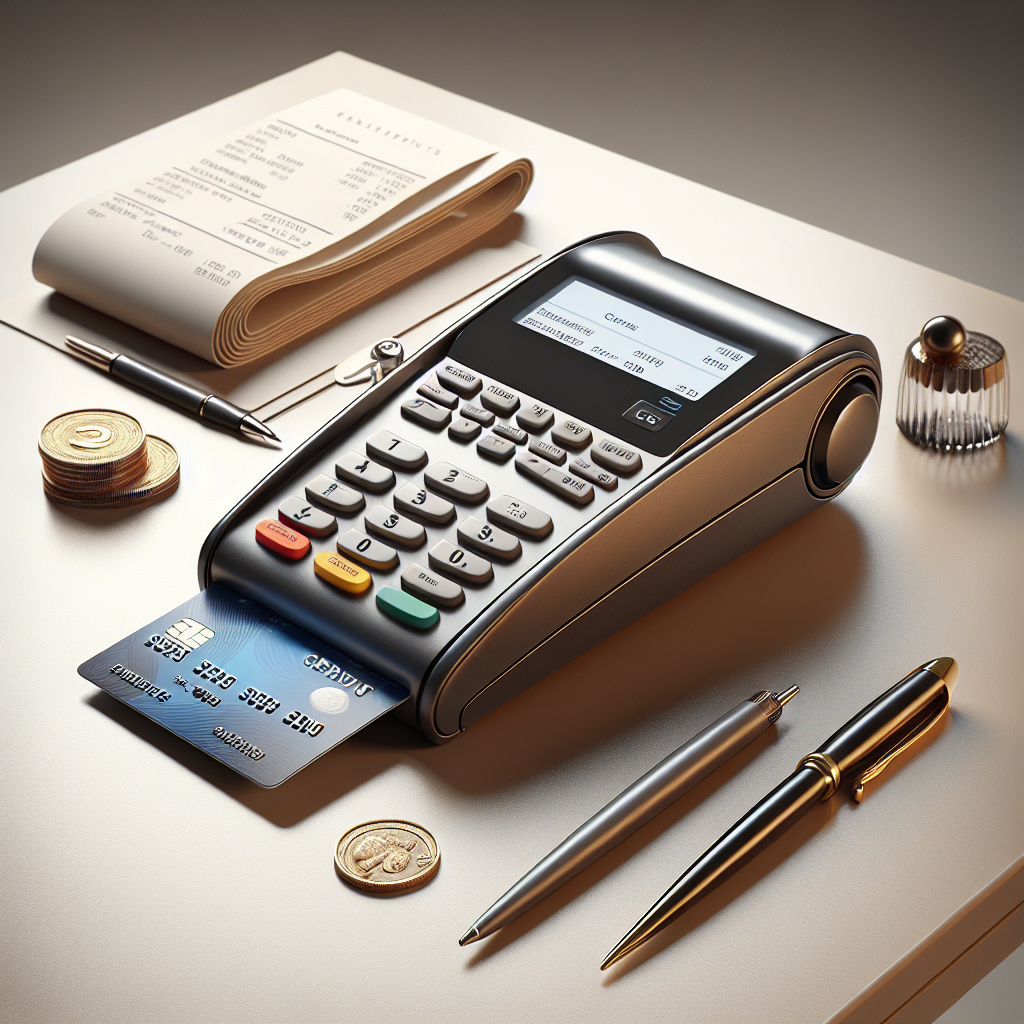 A modern credit card processing device with related items on a clean desk.