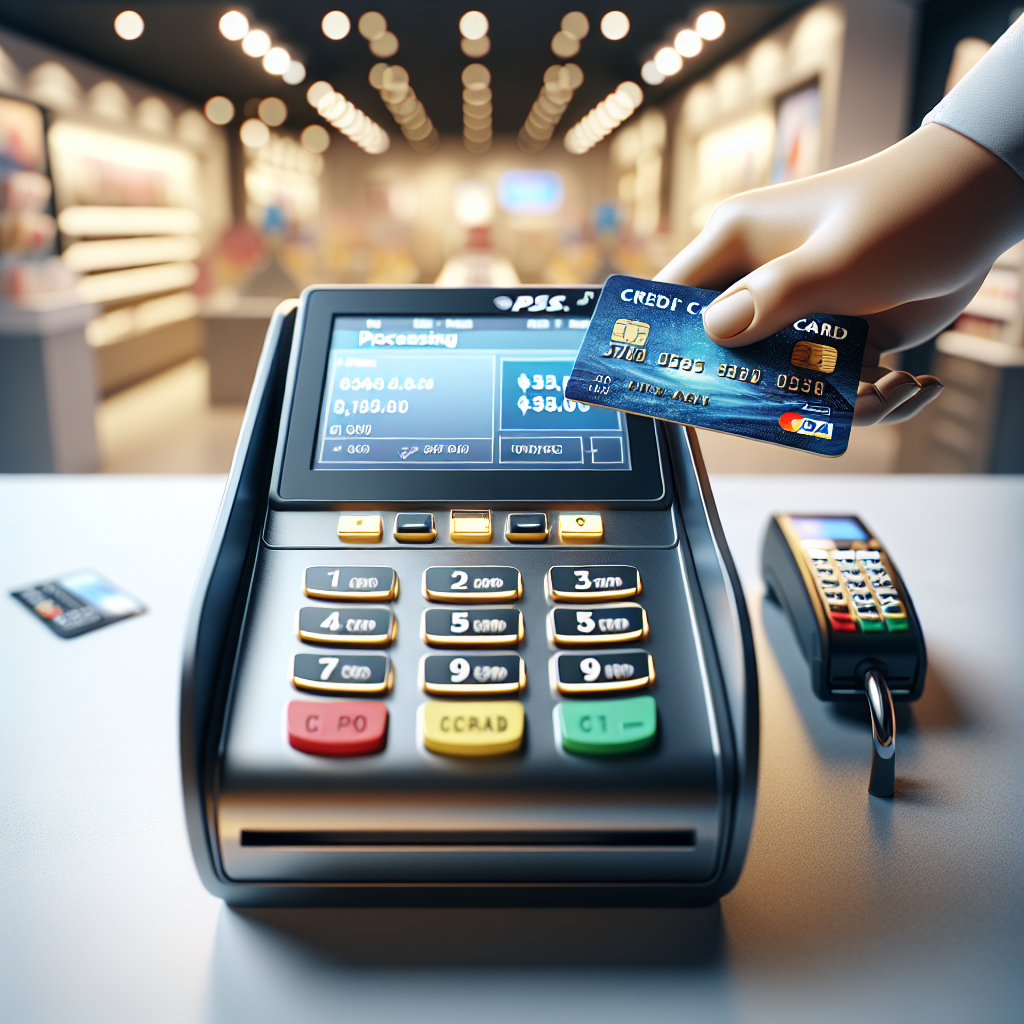 A point-of-sale terminal with credit card being processed in a retail environment.