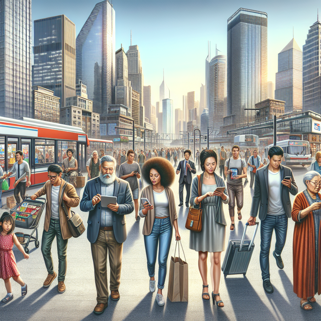 A realistic urban scene in Los Angeles showing people using modern payment technology in a bustling street.
