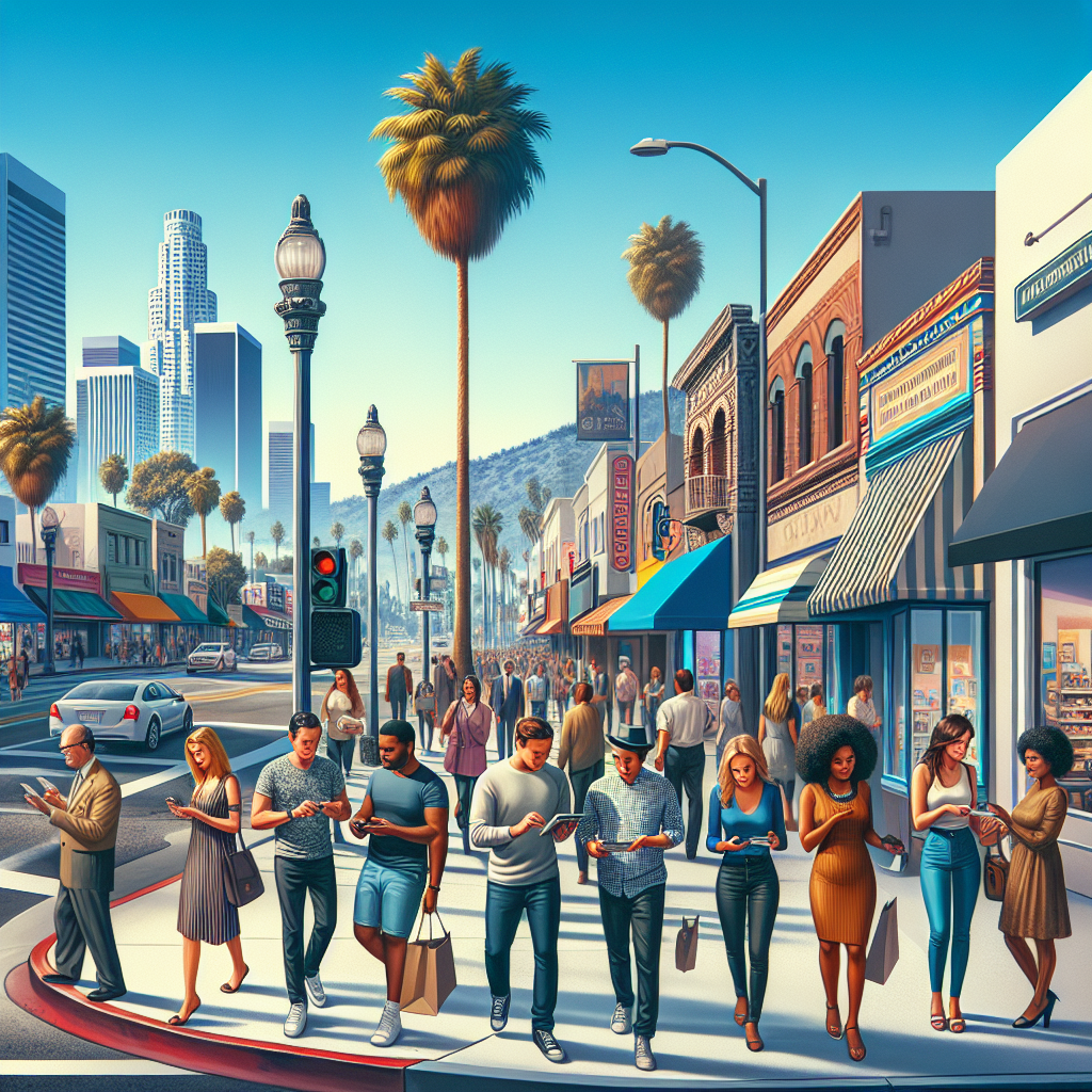 Diverse group of people using modern payment technology on a busy Los Angeles street.