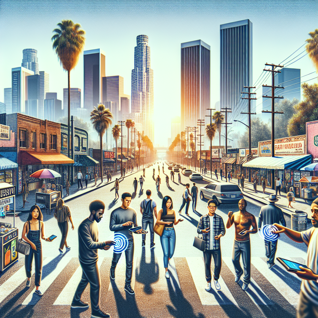 A realistic image of a Los Angeles street with people using contactless payment technology.