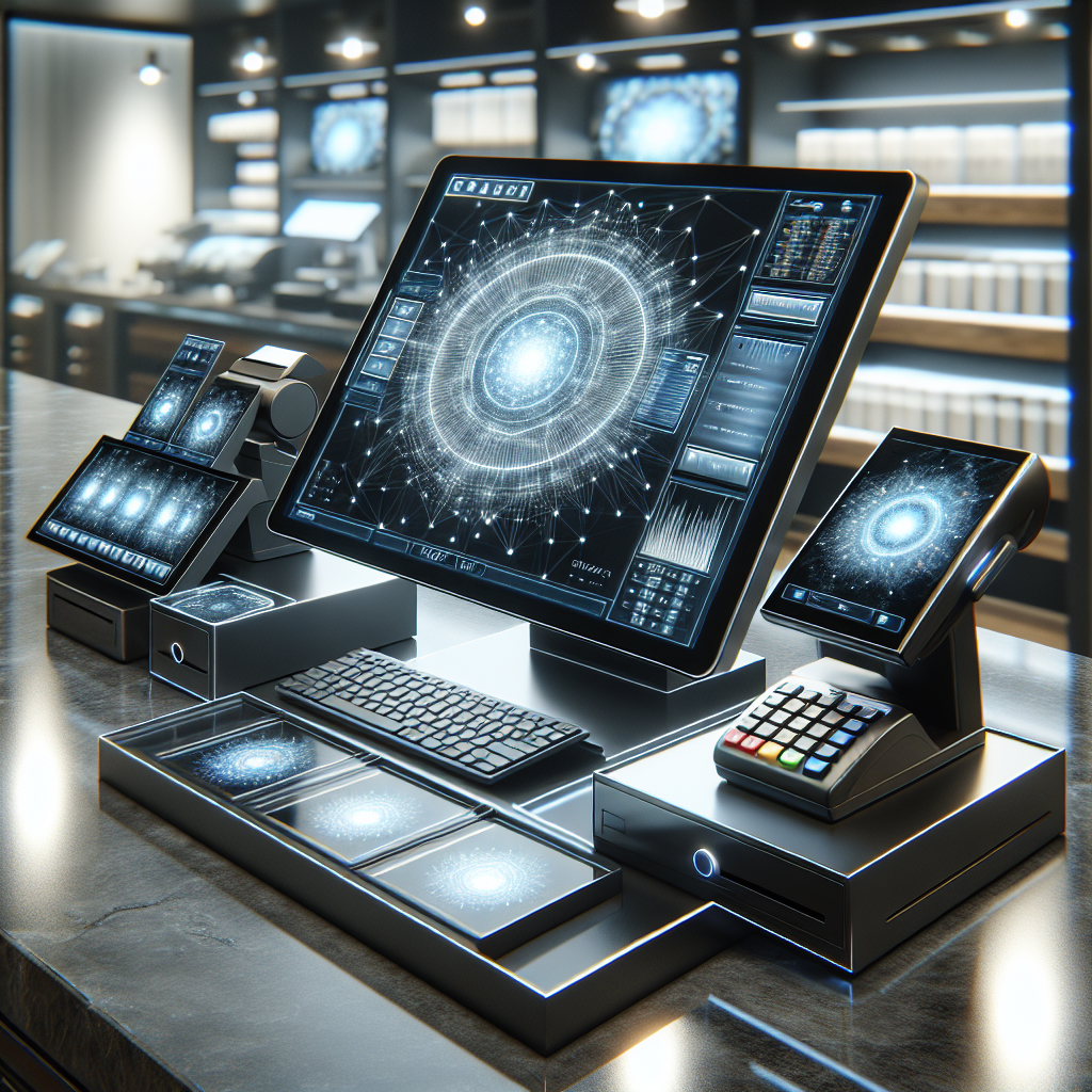 A realistic image of a modern POS system on a sleek counter in a retail environment.