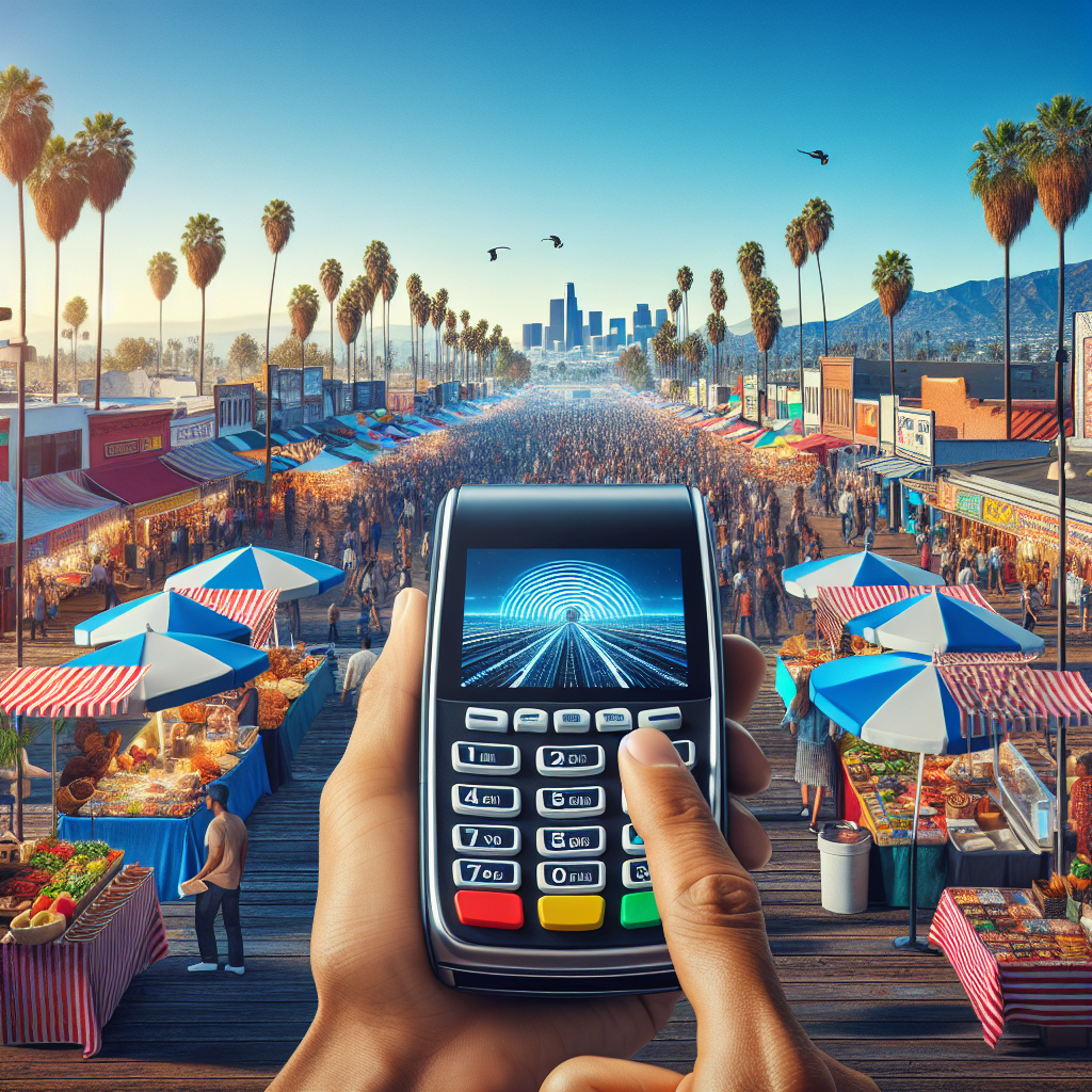 An outdoor market in Southern California with digital payment processing.