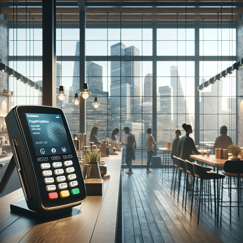 A realistic image of a modern payment gateway setup in a Los Angeles café.