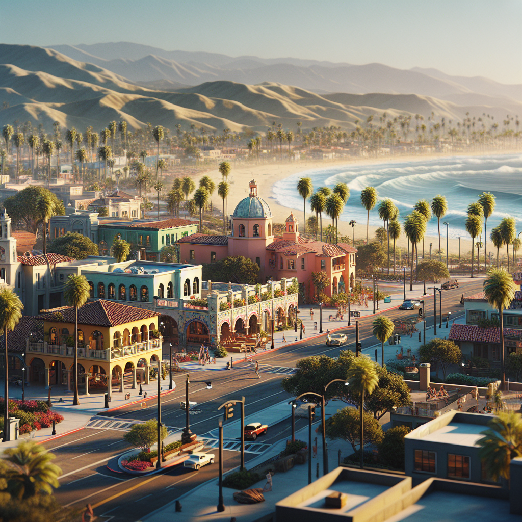 Realistic depiction of Southern California scene showing its architecture, landscape, and vibrant atmosphere.