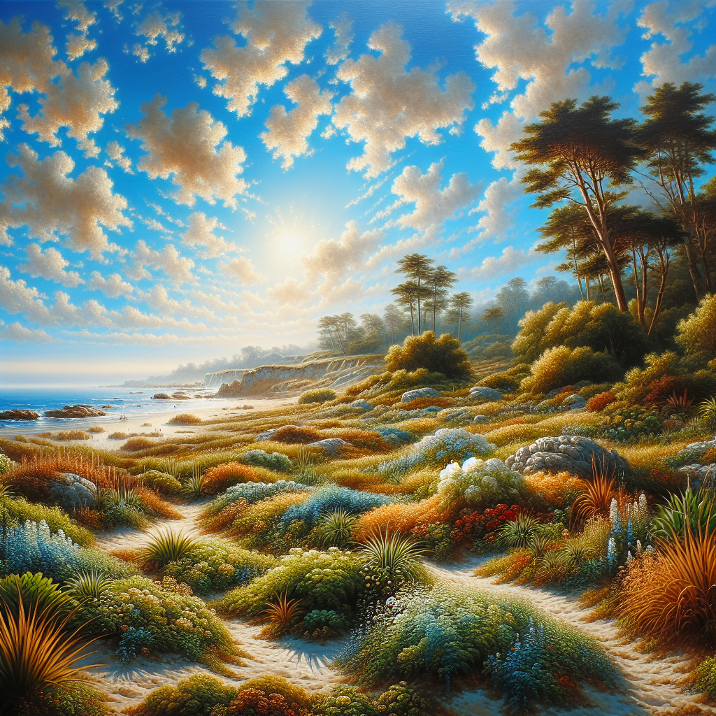 A realistic Southern California landscape with clear skies, greenery, and warm sunlight.