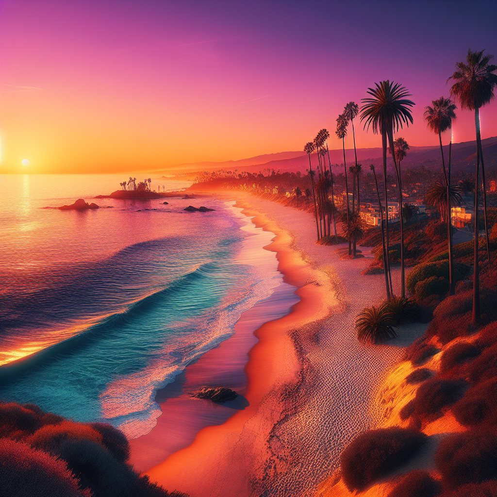 A realistic depiction of a coastal Southern California landscape at sunset.