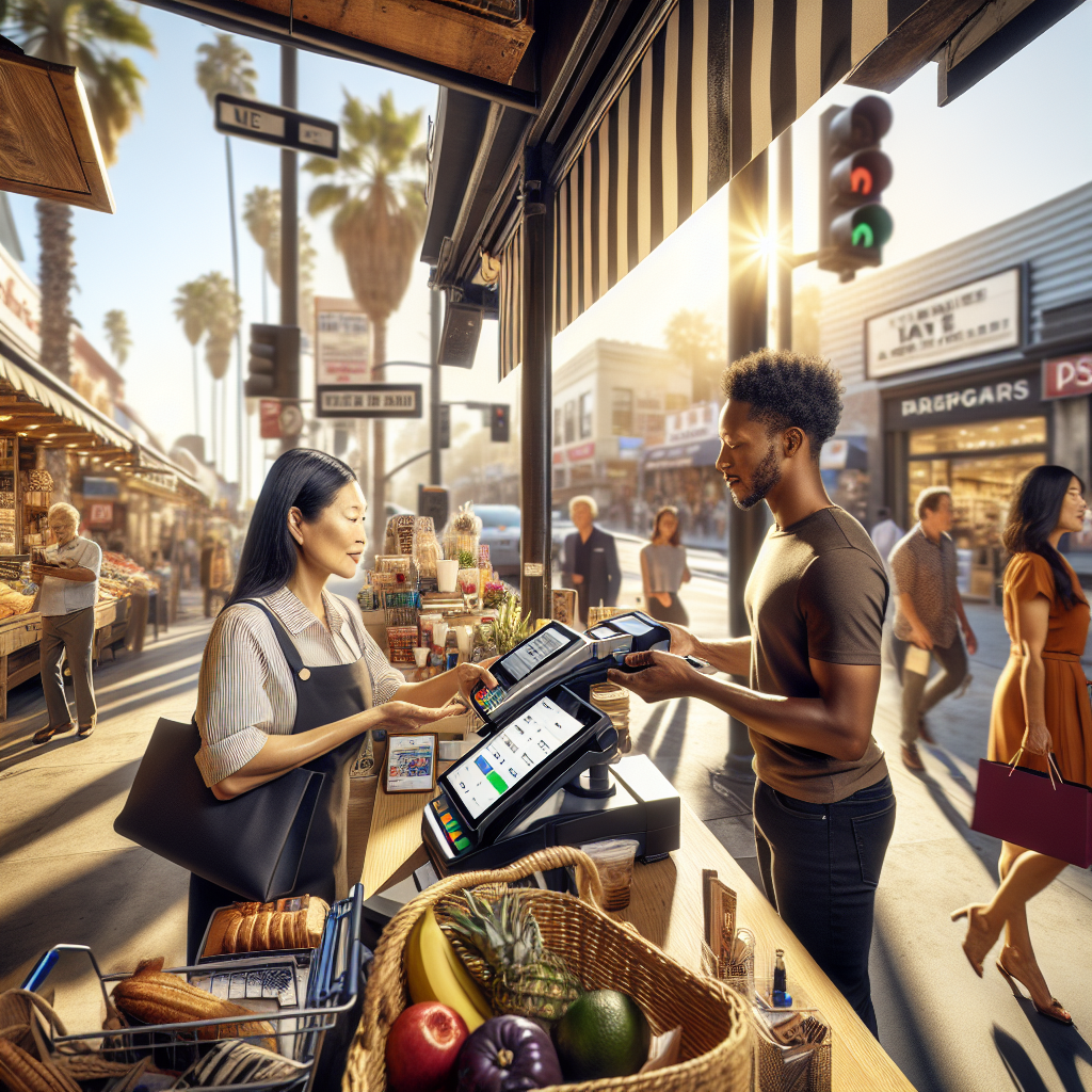 Retail payment scene in Southern California at a vibrant street market or modern store.