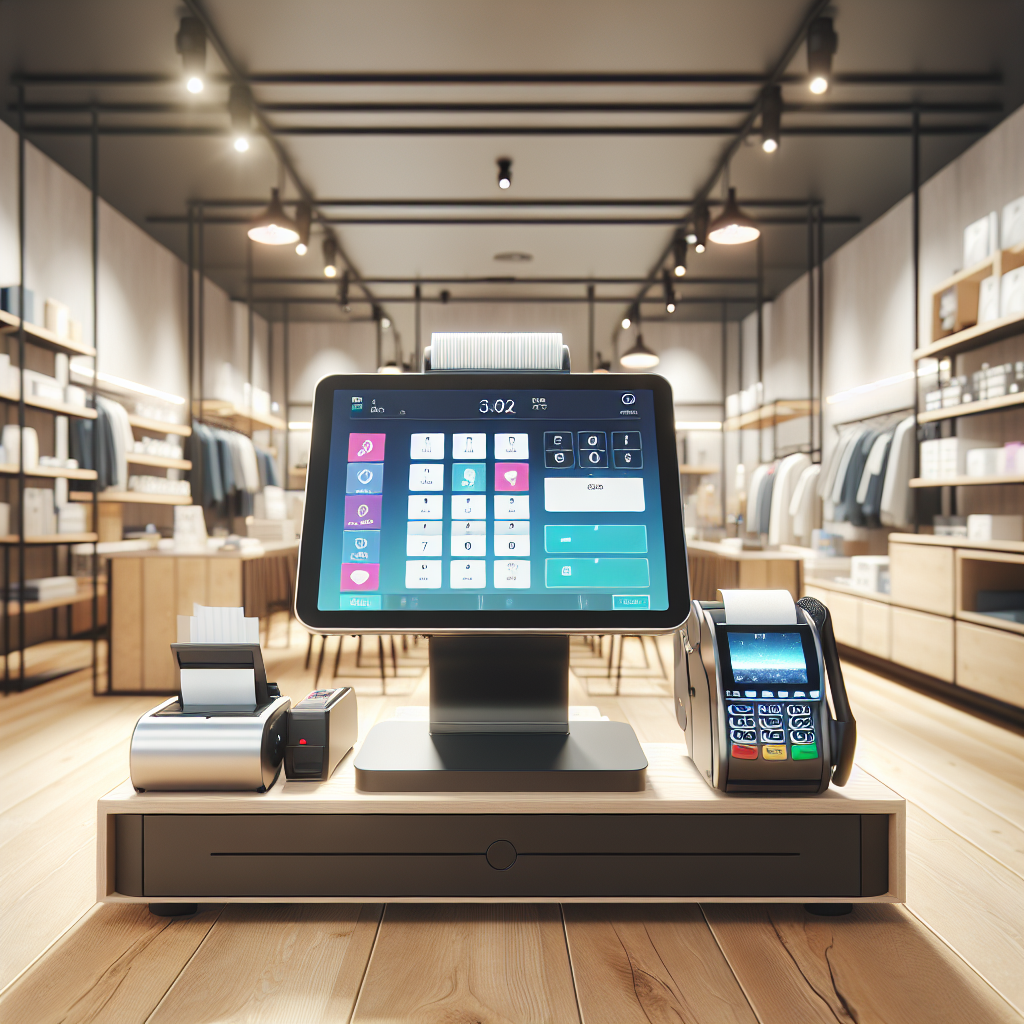 A realistic depiction of a modern point-of-sale system in a stylish Southern California retail store.