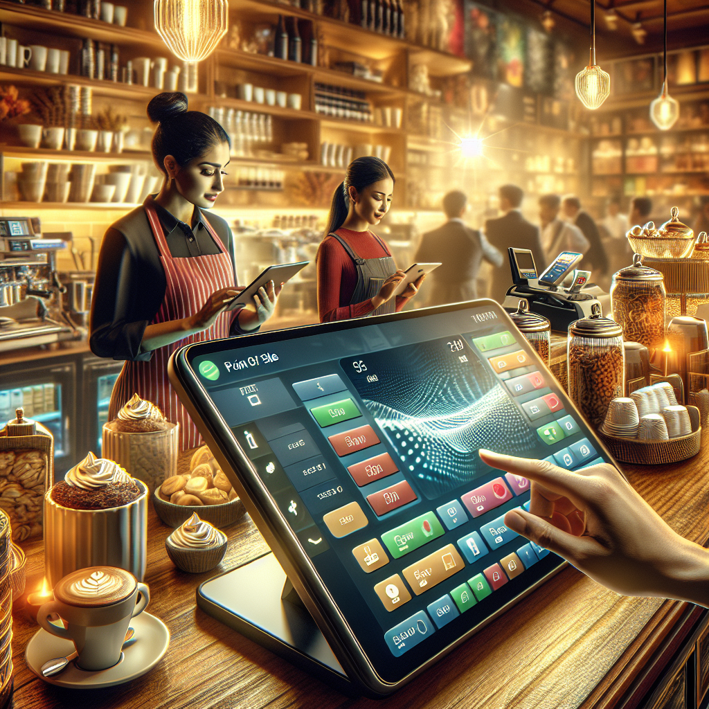 A realistic image of modern POS software on a tablet in a coffee shop.